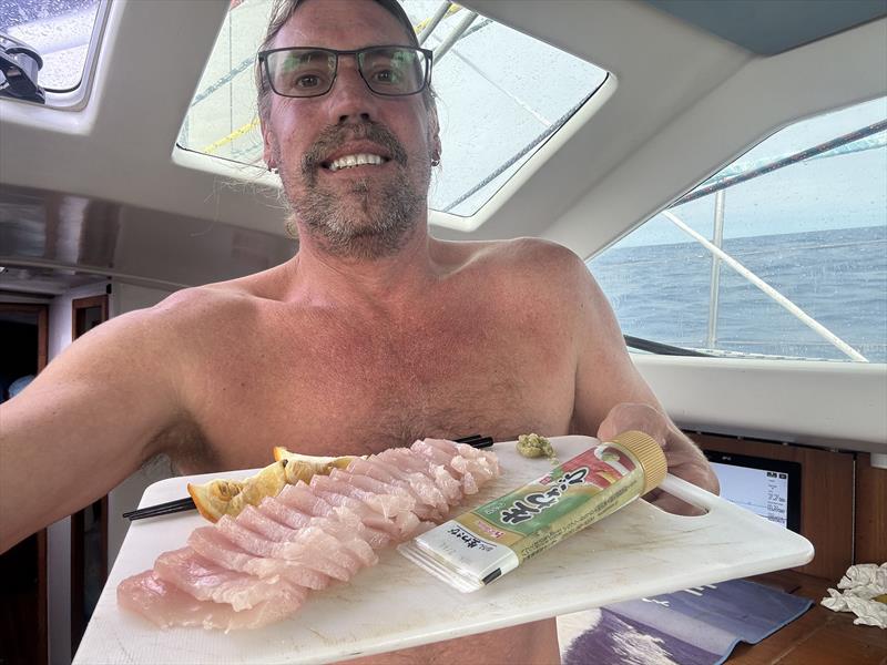 An albacore sashimi tray for the cockpit - Blue Moon II circumnavigation - photo © Tristan Gourlay
