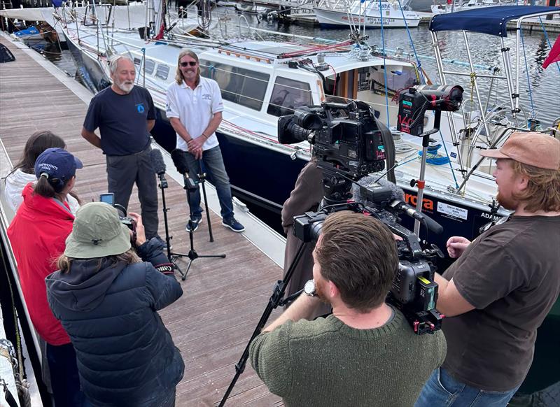 Ken Gourlay OAM and Tristan Gourlay interviewed by the media at the Royal Yacht Club of Tasmania - Blue Moon II circumnavigation - photo © Tristan Gourlay
