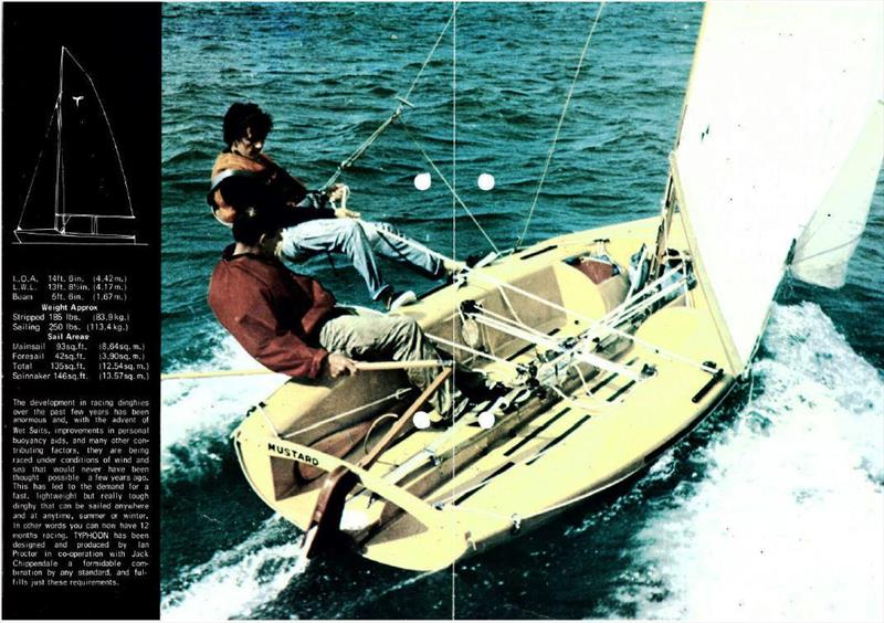 The Sales Brochure for the Typhoon showed that the boat promised a great deal, with a one design hull but open rig, The exciting news is that Proctor's own boat has been found and is now awaiting restoration photo copyright Typhoon Brochure taken at  and featuring the Classic & Vintage Dinghy class