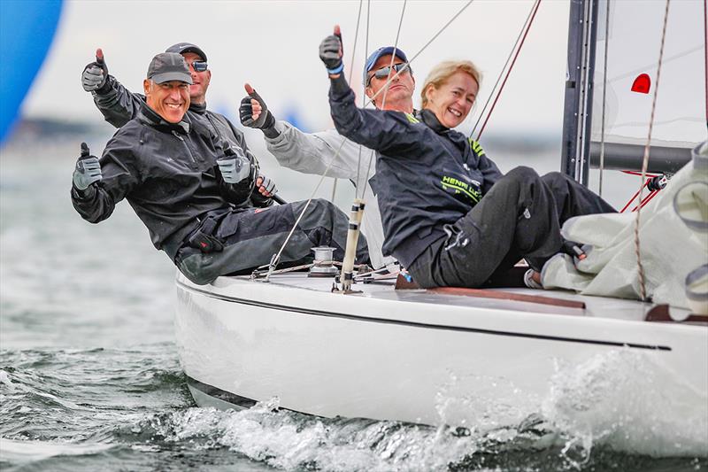 Giles and Jane Peckham's team on the Daring Dauntless in celebratory mood - Lendy Cowes Week 2018 photo copyright Paul Wyeth / CWL taken at Cowes Combined Clubs and featuring the Daring class