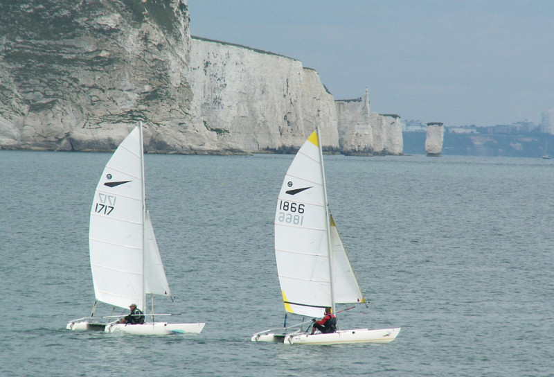 Henry Clark leads Mike Cemm during the Sprint 15 Southern travellers championship at Swanage photo copyright Bob Carter taken at Swanage Sailing Club and featuring the Dart 15 class