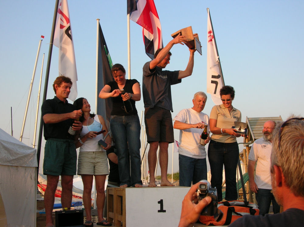 The all British podium (left ot right) - Dave Roberts, Louise Roberts, (2nd);  Debbie Rickard, Matt Pullen (1st);  Chris Moore, Jessica Walton (3rd) at the Dart 18 Europeans photo copyright Carol Moore taken at Royal Belgian Sailing Club and featuring the Dart 18 class