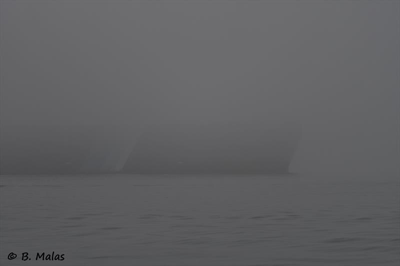 Car carrier in the fog near Calshot during the Diam 24od Spring Championship at Hamble photo copyright Bertrand Malas taken at Hamble River Sailing Club and featuring the Diam 24OD class