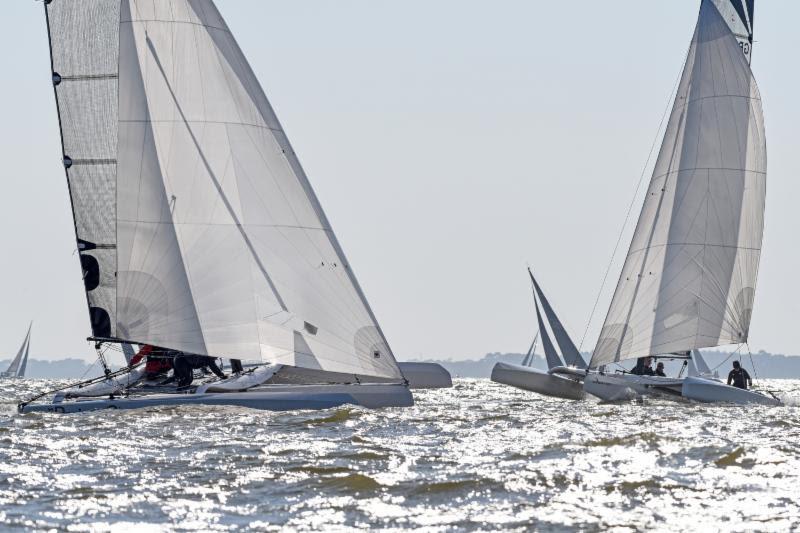 Gaetana 3 continues to lead over 3 Wise Monkeys in the Diam 24 multihull class - 2018 Vice Admiral's Cup photo copyright Rick Tomlinson taken at Royal Ocean Racing Club and featuring the Diam 24OD class