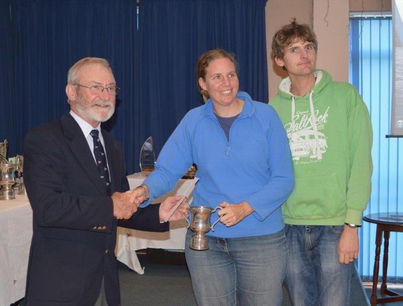 Torpoint Mosquito Spring series winners Vicky Carter & Ronnie Carter with Vice Commodore Ian Scott photo copyright Phillippa Smerdon taken at Torpoint Mosquito Sailing Club and featuring the Dinghy class