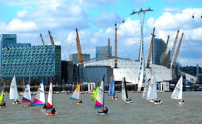 The mixed fleet heads towards the O2 Arena photo copyright Clive Reffell taken at Greenwich Yacht Club and featuring the Dinghy class