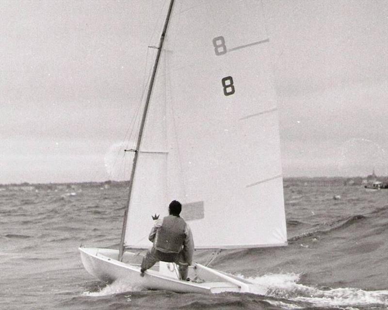 Paul Elvstrom sailing the prototype Trapez at Weymouth. The boat was so advanced in so many areas that it was difficult to draw comparisons with the other entries. But Elvstrom would prove to the IYRU that single handed trapezing was possible - photo © D. Thomas Family