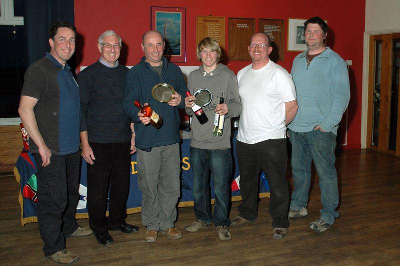 Draycote Dash 2012 (l to r) Andy Rice (Sailjuice), Harry Sayers (DWSC President), Stuart & Nick Hydon (winners), Richard LeMare & Chris Gandy (organisers) photo copyright Malcolm Lewin / www.malcolmlewinphotography.zenfolio.com/sail taken at Draycote Water Sailing Club and featuring the Dinghy class