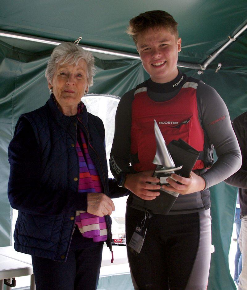 Councillor Val Smith presents the RYA CYRC South Regional Handicap overall prize to Dylan Fletcher photo copyright WYA taken at Llandegfedd Sailing Club and featuring the Dinghy class