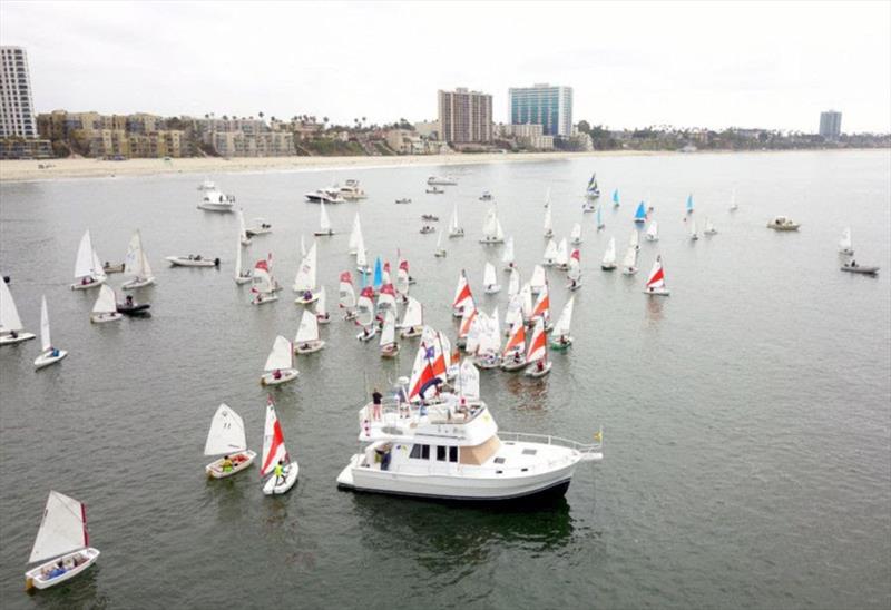 Competitors gather near the committee boat in preparation for the start photo copyright Cameron MacLaren taken at Long Beach Yacht Club and featuring the Dinghy class