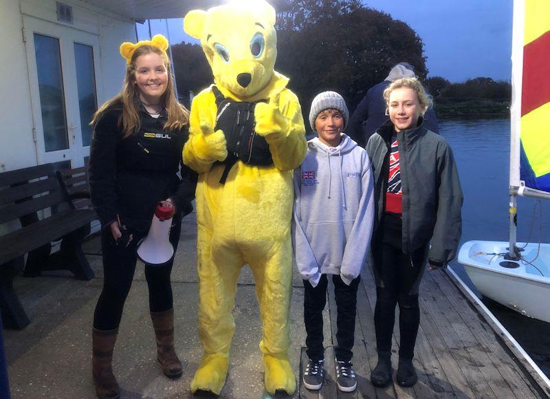 Freya Baddeley (Commodore) with Pudsey and Santi Sesto Cosby (National Optimist Champion) and Emma Breese (National Junior Optimist Champion) both from Salterns - 24 hour Salterns Sailathon photo copyright Tanya Baddeley taken at Salterns Sailing Club and featuring the Dinghy class