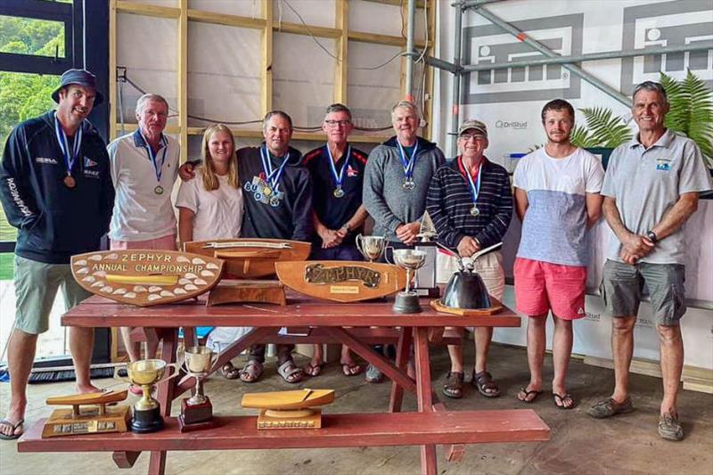Left to right: Kelcey Gager (Master's 40-49, Third Overall); Richard Inneson (Handicap winner); Polly Wright (Women's Trophy, Third Under 40) and her father Greg “Bubble” Wright (National Champion, Des Townson Trophy winner, Masters 50-59); Tim Snedden (M photo copyright Queen Charlotte Yacht Club taken at Queen Charlotte Yacht Club and featuring the Dinghy class