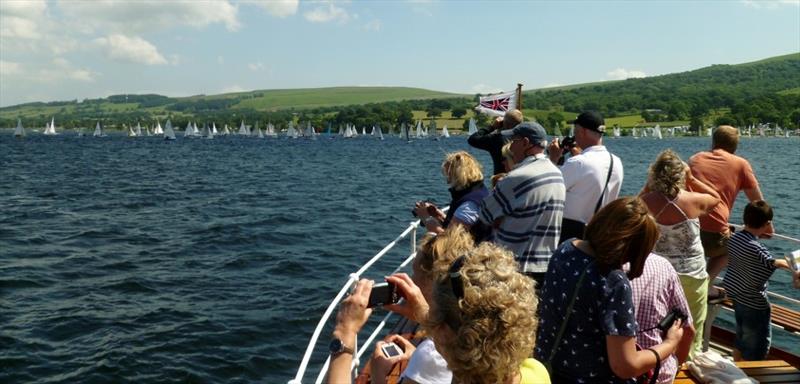 Passengers on the Ullswater Steamer watch the start of the Lord Birkett Memorial Trophy photo copyright Sue Giles taken at Ullswater Yacht Club and featuring the Dinghy class