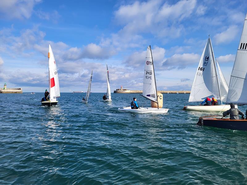 Viking Marine DMYC Frostbite Series 2 day 10 - Ciara Mulvey & Peter Murphy (GP 14 11111) [blue hull], Pierre & Remy Long (IDRA 161), Damien Dion (Aero 3431) and Sean Lillis and Stephen Hawkins (Wayfarer 10449) at the weather mark - photo © Ian Cutliffe