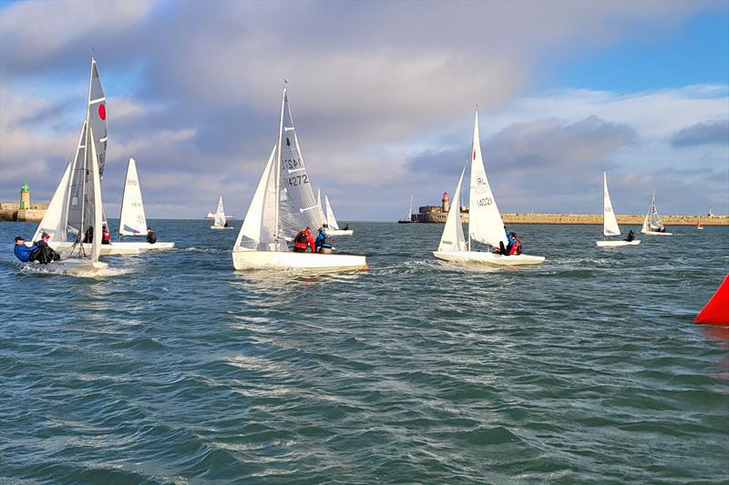 Sean Craig and Stephen Boyle's GP14 mixes it wit the Fireballs at the first mark - Viking Marine Dun Laoghaire Frostbites week 1 - photo © Ian Cutliffe