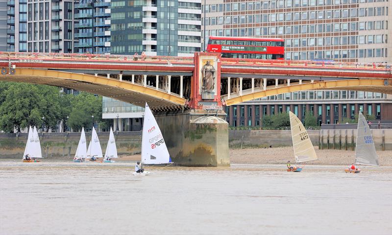 Tideway Dinghy Derby - Fireflys beyond Vauxhaull Bridge while the ILCA and two Solos approach it photo copyright Mark Jardine taken at Ranelagh Sailing Club and featuring the Dinghy class