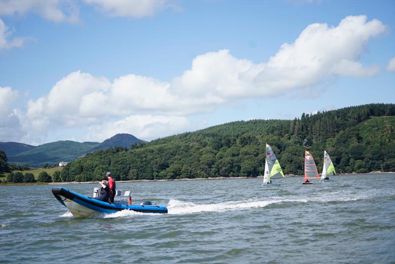 Blue caps, the coached racers behind one of the RIBs very kindly loaned by RYA Scotland - Solway YC Cadet Week photo copyright Finlay Train taken at Solway Yacht Club and featuring the Dinghy class