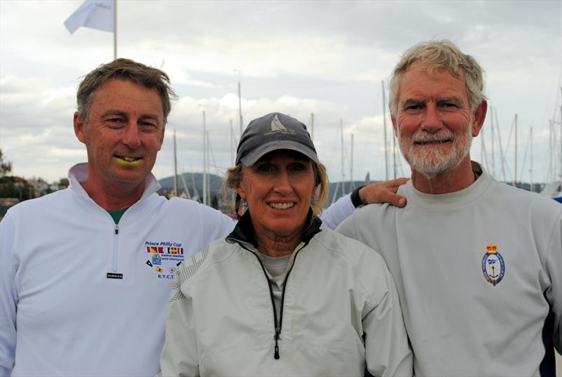 West Australian Sandy Anderson (centre) and her crew of Linnea, Andrew Roberts and John Moncrieff, all from Royal Freshwater Bay Yacht Club, Perth photo copyright Peter Campbell taken at Royal Yacht Club of Tasmania and featuring the Dragon class