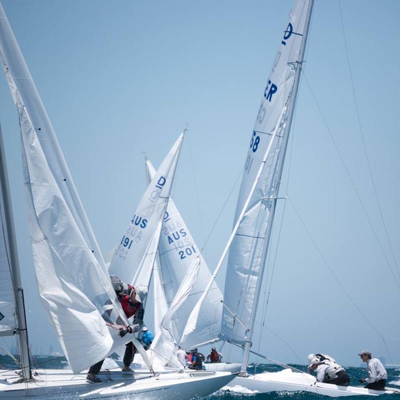 Crowded mark rounding - Australasian Dragon Championship for the Prince Philip Cup, Day 3 photo copyright Tom Hodge Media taken at Fremantle Sailing Club and featuring the Dragon class