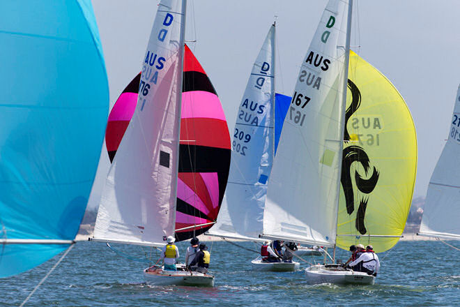 International Dragons fly colourful spinnakers on Botany Bay during day one of the Prince Philip Cup photo copyright Andrea Francolini taken at Botany Bay Yacht Club and featuring the Dragon class