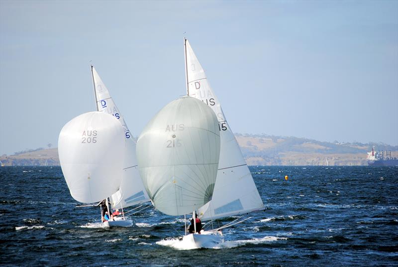 Ridgeway leading Karabos IX briefly in race two - 2019 Sayonara Cup Defender photo copyright Nick Hutton taken at Royal Yacht Club of Tasmania and featuring the Dragon class