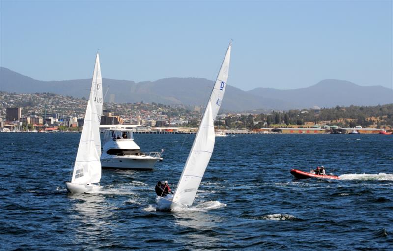 Pre-race manoeuvres were close, but Karabos IX had better boatspeed - 2019 Sayonara Cup Defender photo copyright Nick Hutton taken at Royal Yacht Club of Tasmania and featuring the Dragon class