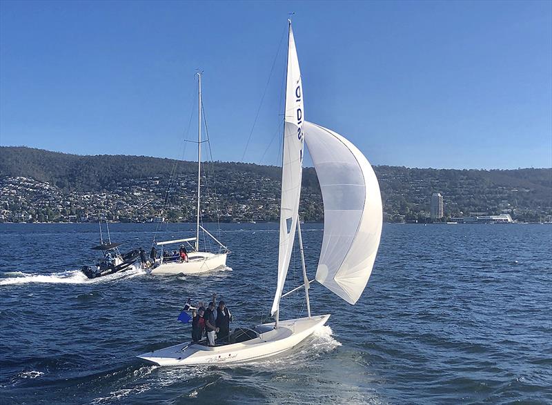 Celebrations after Whimsical wins the Sayonara Cup on Hobart's River Derwent photo copyright Nicole Shrimpton taken at Royal Yacht Club of Tasmania and featuring the Dragon class