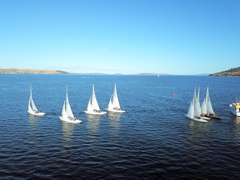Drone image of the start of a race in the Tasmanian Dragon Championship photo copyright Steven Shield taken at Royal Yacht Club of Tasmania and featuring the Dragon class