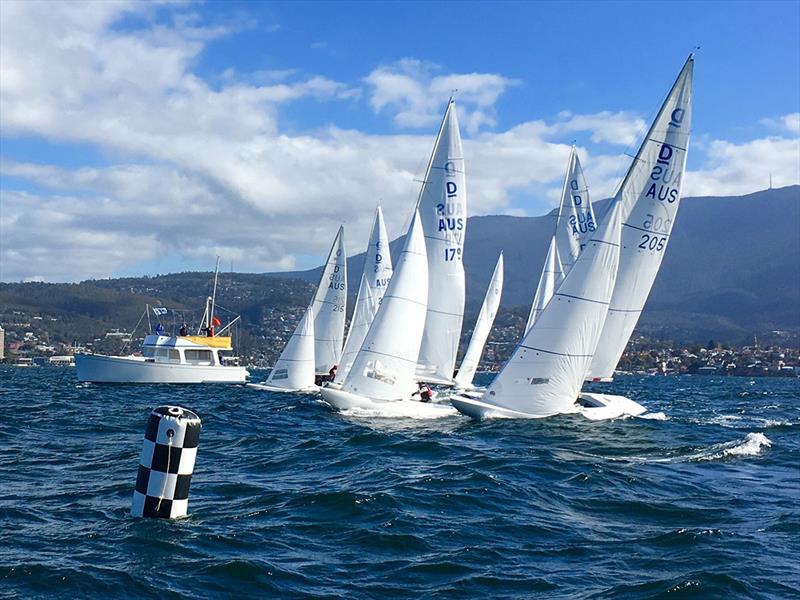 International Dragons line up for a start on the Derwent - Tasmanian Dragon Championship 2019 photo copyright Steven Shield taken at Royal Yacht Club of Tasmania and featuring the Dragon class