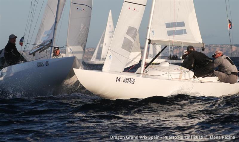 Switzerland's Wolf Waschkhun tacks in just ahead of Britain's Klaus Diederichs in race 4 - 2019 Dragon Grand Prix Spain - Day 2 - photo © Elena Razina