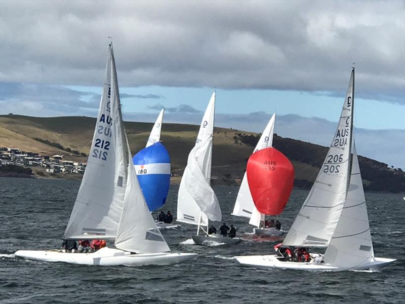 Karabos (205) leads the fleet around the leeward mark in one of the races in the Dragon states photo copyright Kristine Logan taken at Royal Yacht Club of Tasmania and featuring the Dragon class