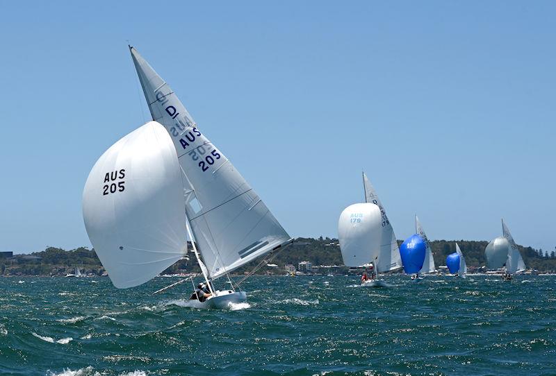 Competing on Sydney's harbour in the 2023 International Dragon Class Australian Championship, and with spinnakers out, Karabos IX, with Nick Rogers crewed by Leigh Behrens and Lucas Upton, is ahead of Imagination photo copyright John Jeremy taken at Royal Sydney Yacht Squadron and featuring the Dragon class