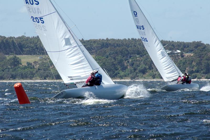 Karabos IX was chasing Wicked II all day, in the International Dragon Victorian Championship regatta photo copyright Jeanette Severs taken at Metung Yacht Club and featuring the Dragon class