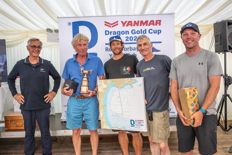 Yanmar Dragon Gold Cup 2023 (l-r) International Dragon Association Chairman Gerard Blanc presents Lawrie Smith, Goncalo Ribeiro, Ruaridh Scott and Richard Parslow with the Dragon Gold Cup photo copyright Alex Irwin / www.sportography.tv taken at Royal Torbay Yacht Club and featuring the Dragon class