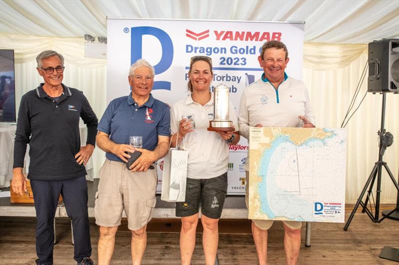 Yanmar Dragon Gold Cup 2023 (l-r) International Dragon Association Chairman Gerard Blanc presents David Tabb, Laerke Norgard and Graham Latham with the Dragon Corinthian Gold Cup photo copyright Alex Irwin / www.sportography.tv taken at Royal Torbay Yacht Club and featuring the Dragon class