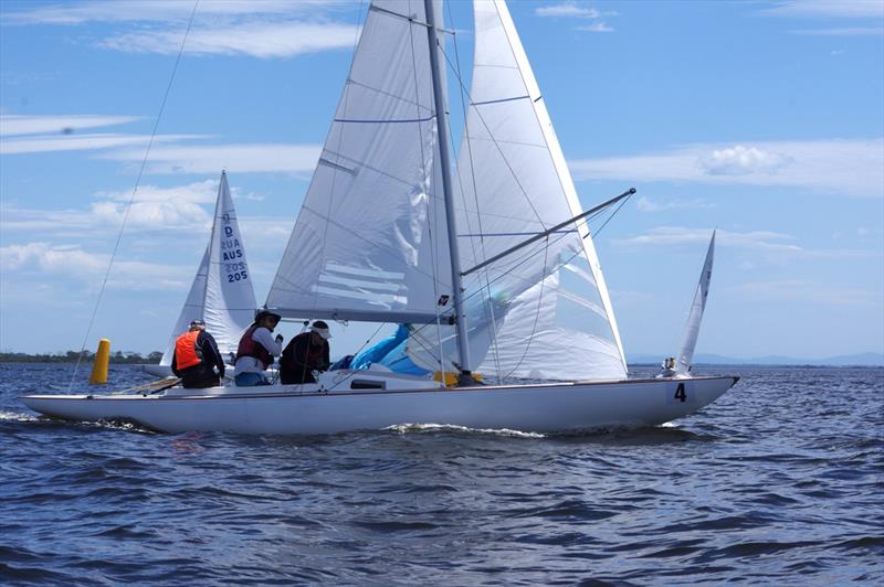 Fascination around the windward mark on the second leg of race one, followed closely by Karabos IX - 2024 International Dragon Class Prince Philip Cup day 1 photo copyright Jeanette Severs taken at Metung Yacht Club and featuring the Dragon class