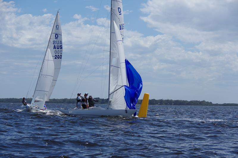 Gordon ahead of Riga rounding the windward gate on day one of the 2024 International Dragon Class Prince Philip Cup - photo © Jeanette Severs