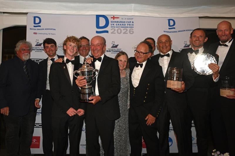 Edinburgh Cup & UK Dragon Grand Prix podium. (L-R) IDA Championship Coordinator Martin Payne, Will Bedford, Killian Boag, Andy Beadsworth, Graham & Julia Bailey, RYS Commodore Robert Bickett, Enes Caylak, Diego Negri, Christof Toepfer and Markus Koy - photo © Rick Tomlinson