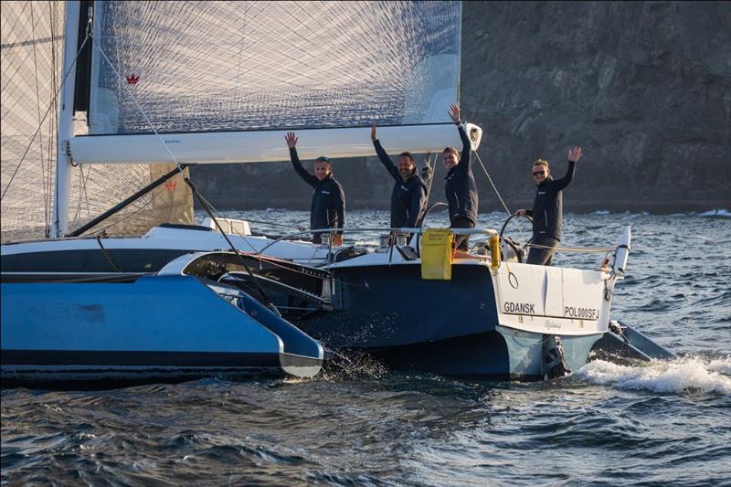 Khaleesi celebrates getting to Muscat photo copyright Mikey Brignall / DOSC / Sarozz Jung taken at Dubai Offshore Sailing Club and featuring the Dragonfly class