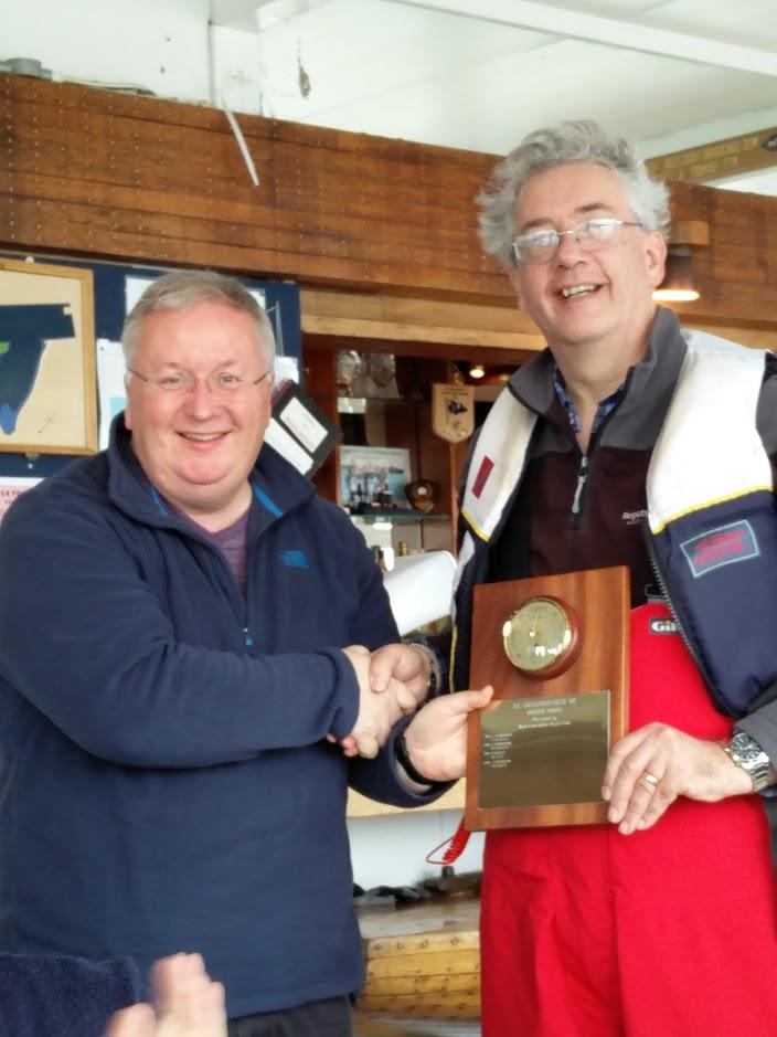 Alan Tickle presents the Barometer Trophy to Winner Df65 John Tushingham after the RC Laser and Df65 Winter Series photo copyright John Sharman taken at West Lancashire Yacht Club and featuring the RG65 class