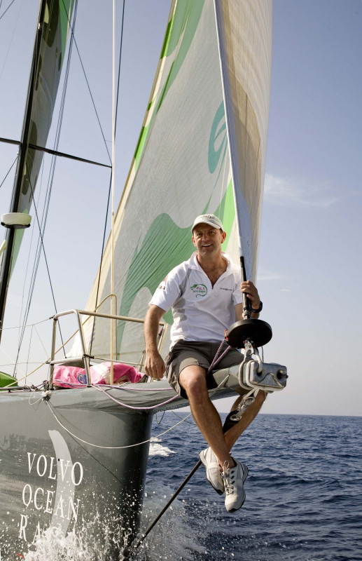 Skipper Ian Walker at the bowsprit as the Green Dragon Team unveils its new colours photo copyright David Branigan / Oceansport taken at  and featuring the  class