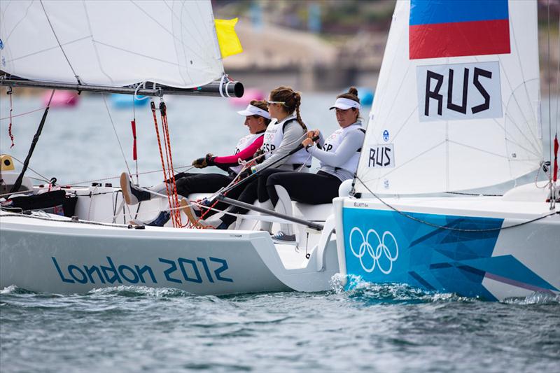 Women's Match Racing on day eleven of the London 2012 Olympic Sailing Competition photo copyright Tom Gruitt / www.tomgruitt.co.uk taken at Weymouth & Portland Sailing Academy and featuring the Elliott 6m class