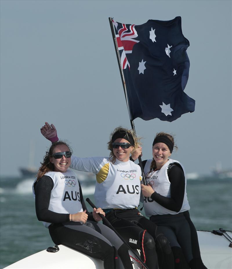 Silve for Olivia Price, Nina Curtis & Lucinda Whitty (AUS) in the Women's Match Racing at London 2012 photo copyright onEdition taken at Weymouth & Portland Sailing Academy and featuring the Elliott 6m class