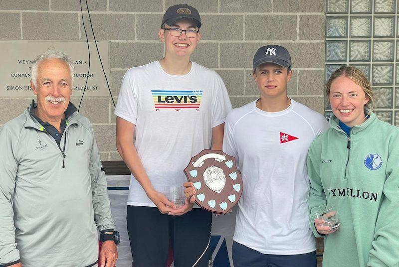 Race officer David Campbell-James with winning team Tom Baulkwill, Will Caiger, India Trenowden at the Hyde Sails Under-19 Match Racing Championship photo copyright British Keelboat Sailing taken at Weymouth & Portland Sailing Academy and featuring the Elliott 6m class