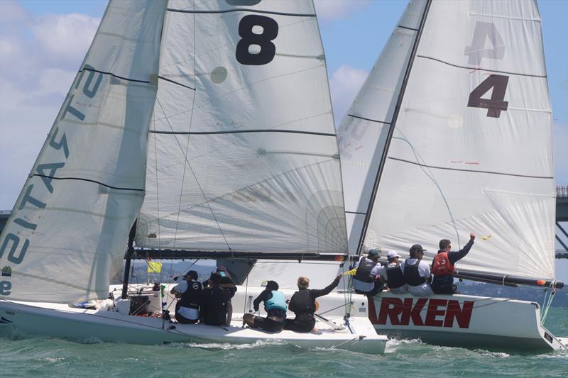 Duelling penalty appeals from Robbie McCutcheon and Reuben Corbett in their Round Robin matchup - Harken NZ NZ Match Racing Championship - Royal NZ Yacht Squadron - January 22-24, 2022 photo copyright RNZYS Media taken at Royal New Zealand Yacht Squadron and featuring the Elliott 7 class