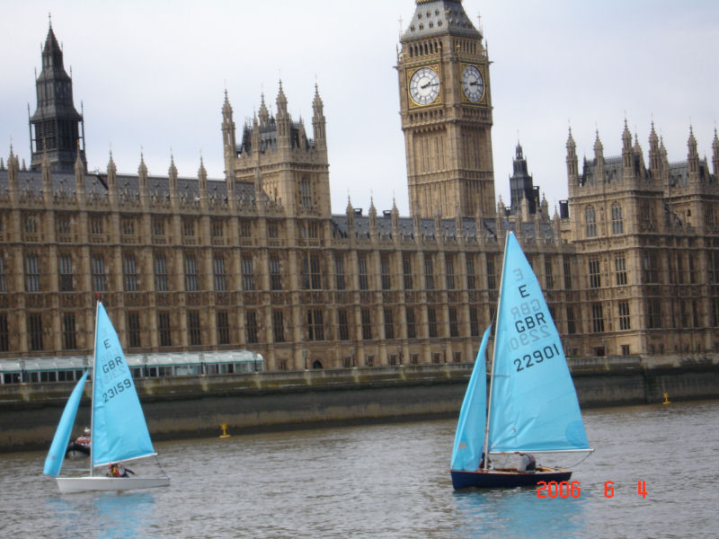 Racing past parliament in the Enterprise 50th Anniversary Tideway Race photo copyright Paula Southworth taken at Ranelagh Sailing Club and featuring the Enterprise class