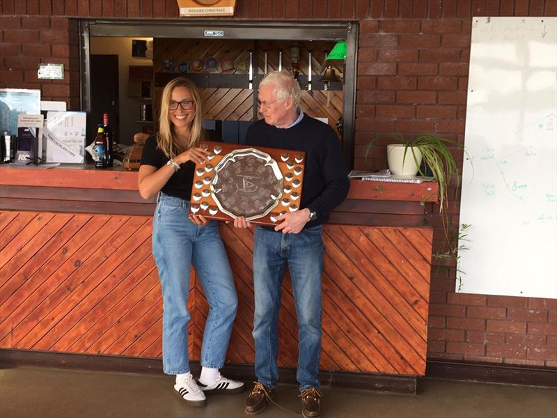 Martin and Rebecca with the Double Chine trophy after the Hunts Enterprise Open photo copyright Louise Hassall taken at Hunts Sailing Club and featuring the Enterprise class