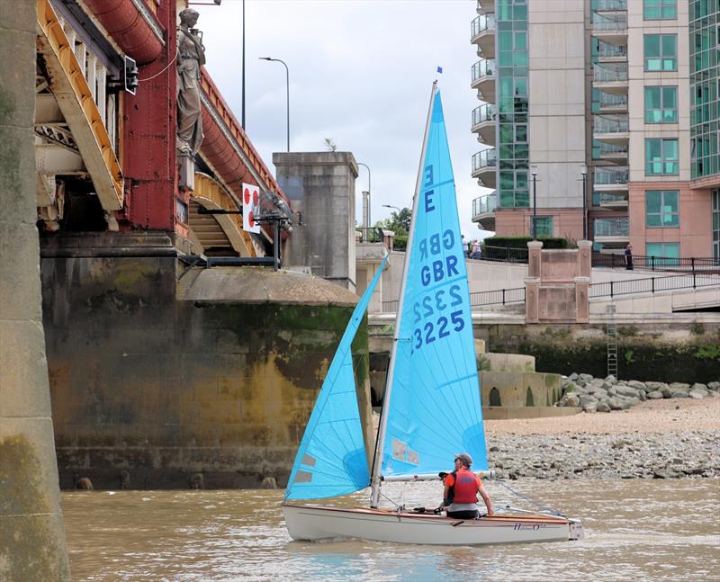 Tideway Dinghy Derby - Enterprise 23225 checks the clearance approaching Vauxhall Bridge photo copyright Mark Jardine taken at Ranelagh Sailing Club and featuring the Enterprise class