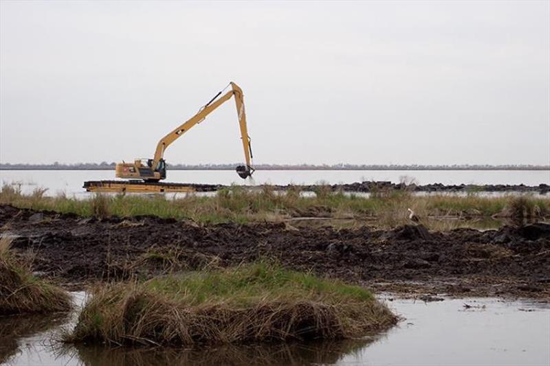 An excavator constructs a containment dike in one of the marsh creation areas of the Upper Barataria marsh creation project - photo © Moffatt & Nichol