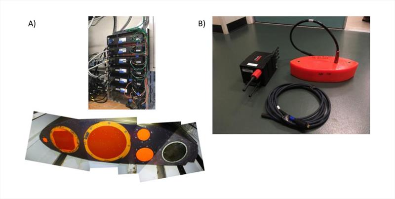 A) The acoustic instruments on NOAA Ship Oscar Dyson. These provide acoustic data at 18, 38, 70, 120, and 200 kHz. B) Acoustic instruments on Saildrone uncrewed surface vehicles. To save space and power, these only provide measurements at 38 kHz & 200 kHz photo copyright NOAA Fisheries taken at  and featuring the Environment class